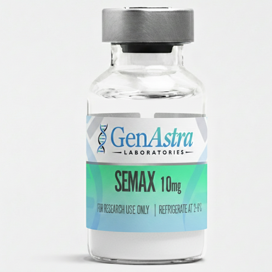 Okanagan Peptides Semax 10 mg vial with blue cap, featuring purity ≥99%, lyophilized powder, research use only