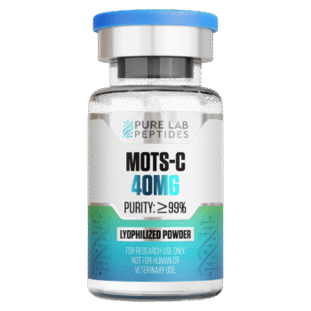 A vial labeled 'MOTS-C 40MG' containing a lyophilized powder, showcasing a clear design with a blue cap and information about its purity and research use only.